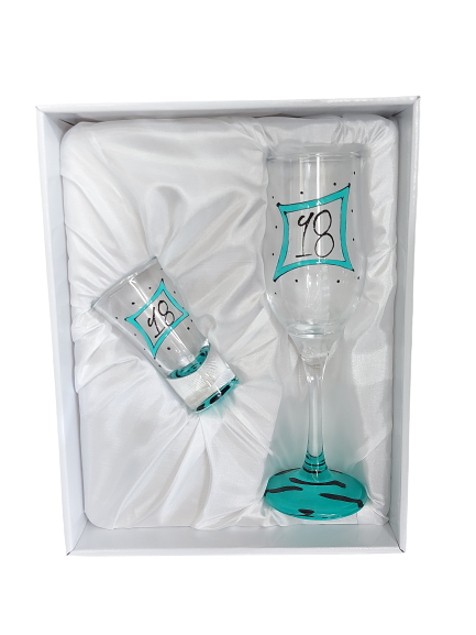 Champagne Glass & Shot Glass Set: 18 (Teal Zebra)